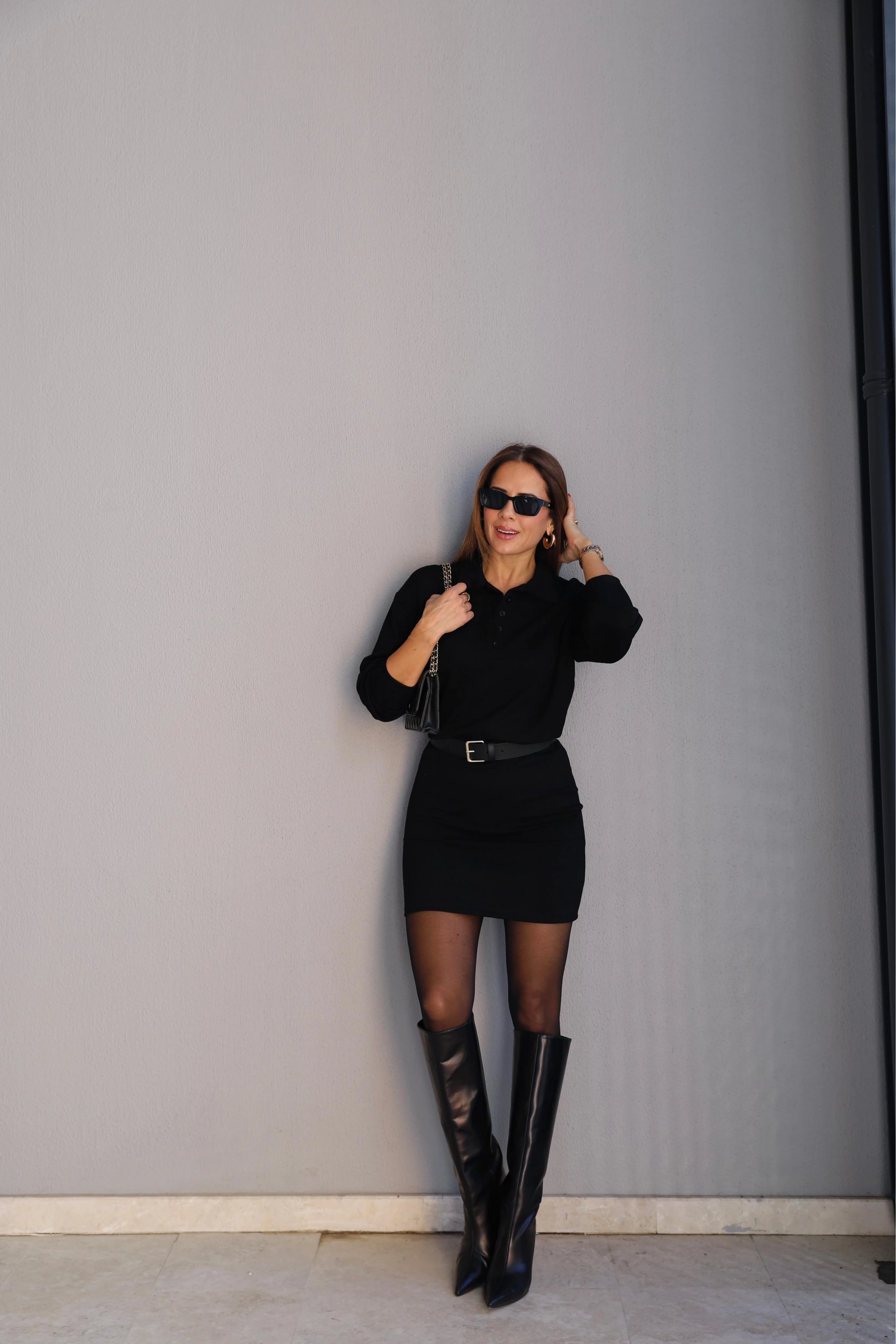 Siyah Polo Yaka Basic Elbise