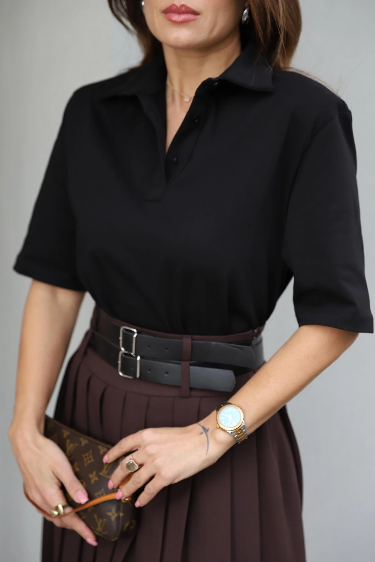 Siyah Polo Yaka Vatkalı Tshirt