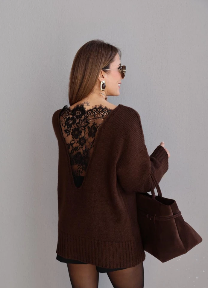 Kahverengi Sırt Dantel Detay Kazak