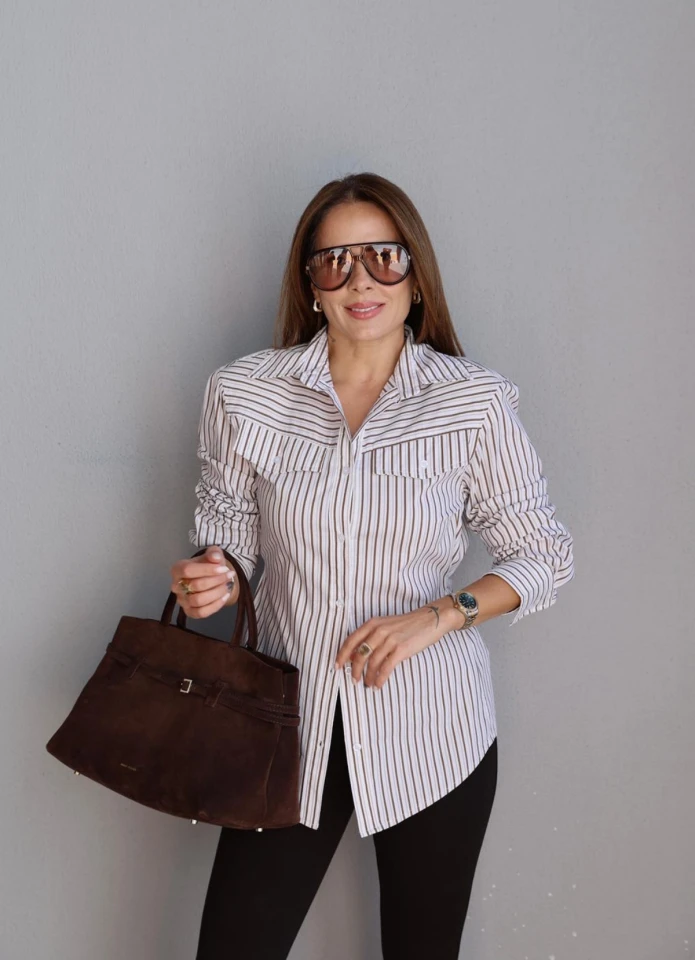 Ekru Çizgili Gömlek