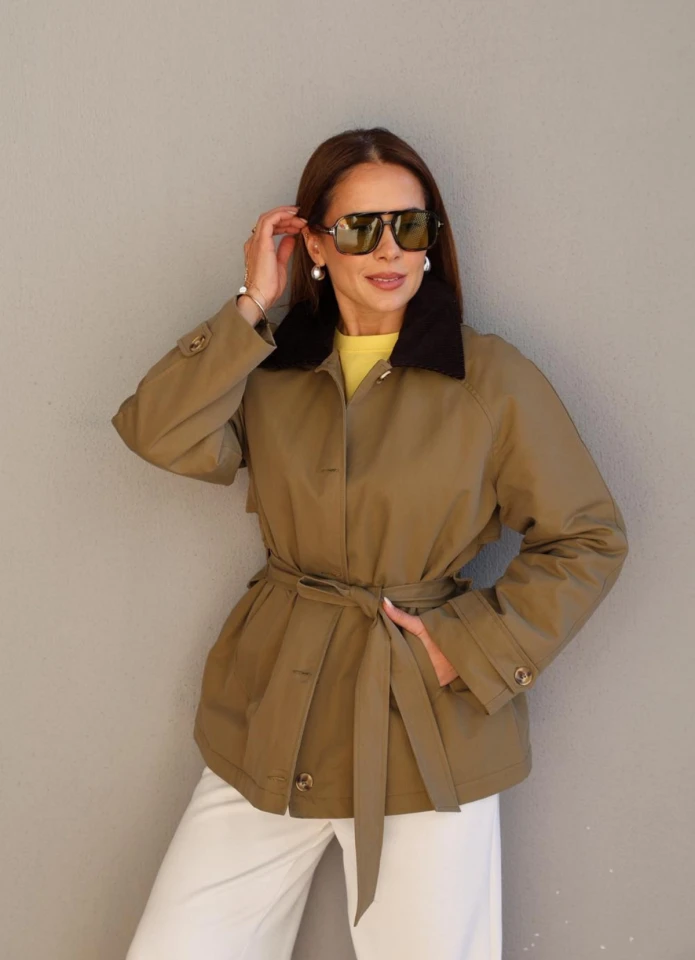 HAKİ Kadife Yaka Kuşaklı Ceket