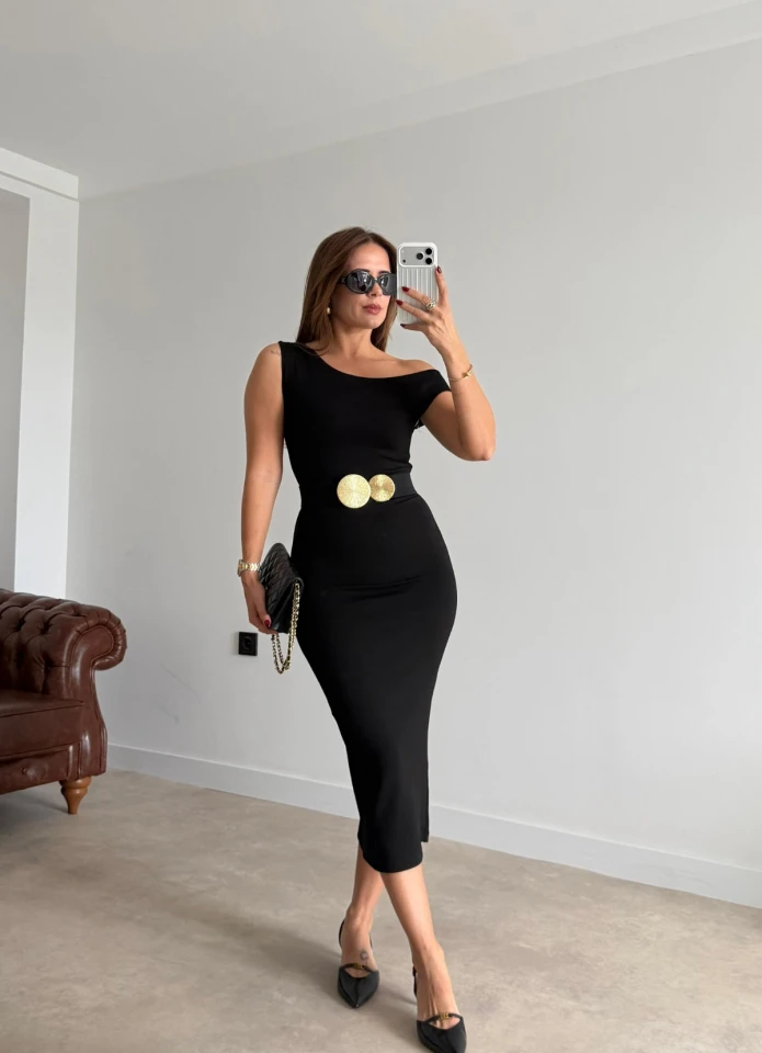 Siyah Düşük Omuz Bodycon Elbise