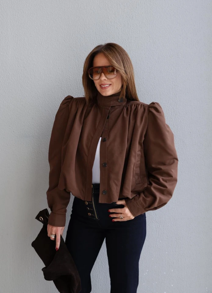 Kahverengi Dik Yaka Büzgülü Balon Kol Ceket