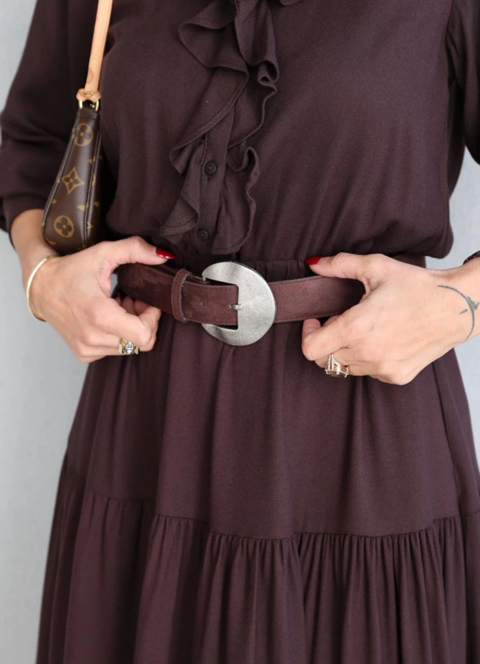 Acı Kahverengi Oval Metal Tokalı Süet Kemer