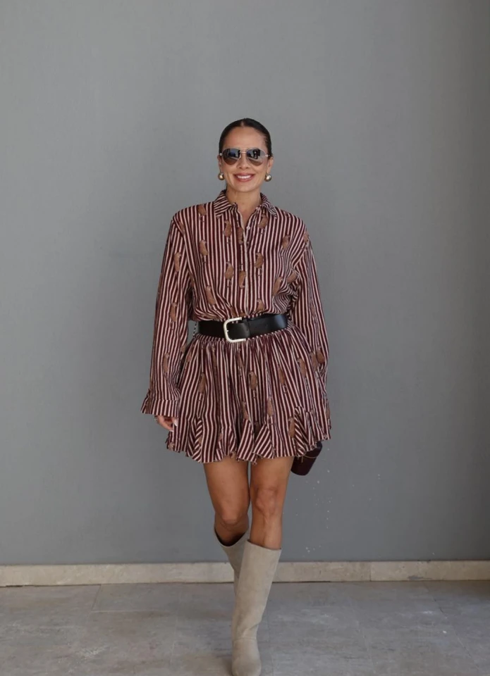 Bordo Kaplan Desen Çizgili Elbise