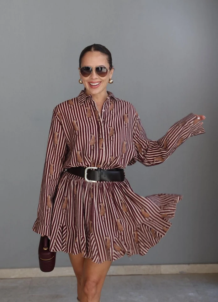 Bordo Kaplan Desen Çizgili Elbise