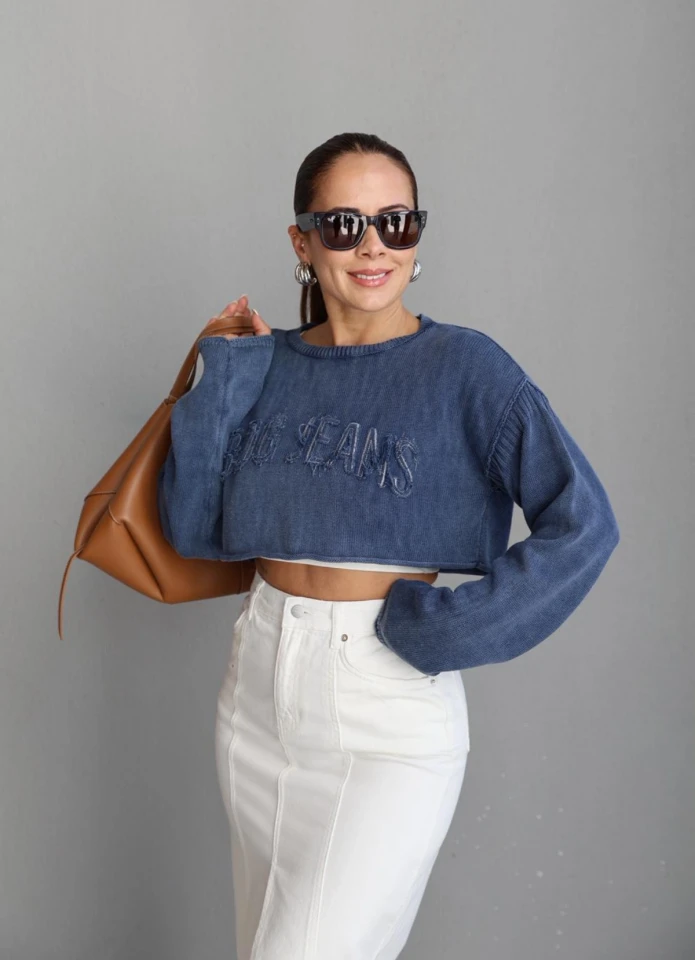 MAVİ Yıkamalı Crop Triko