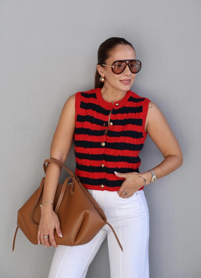 COLORFUL Gold Button Detail Striped Vest