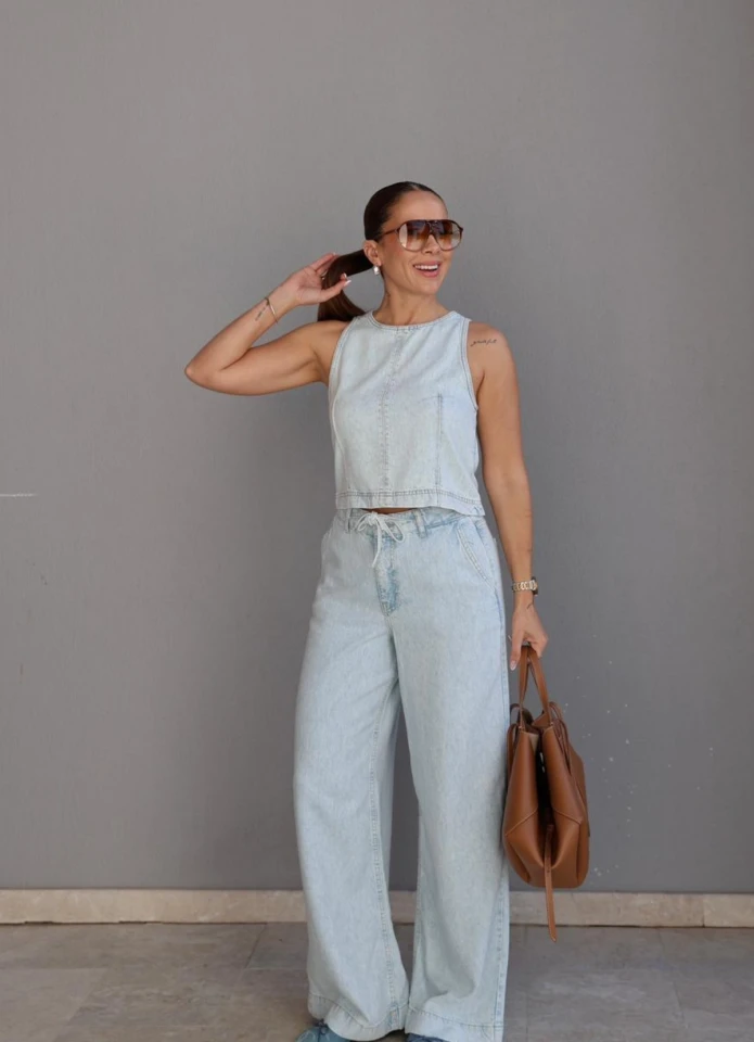 Buz Mavi Bluz Pantolon Jean Pantolon Takım