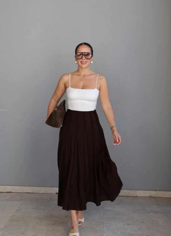 Kahverengi Ters Dikiş Parçalı Etek