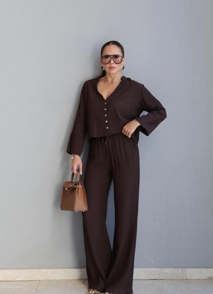 Kahverengi Gömlek Pantolon Takım