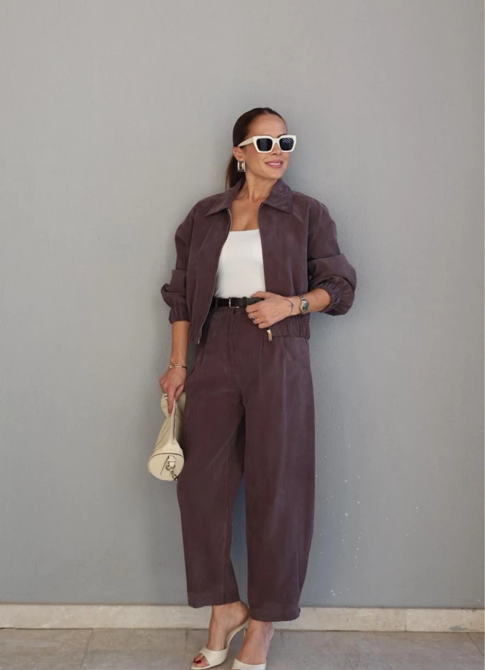 Kahverengi Kemerli Ceket Pantolon Takım