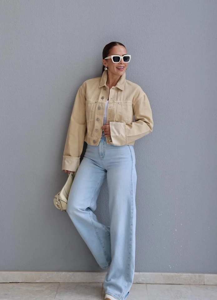 Buz Mavi Dikiş Detay Wide Leg Jean