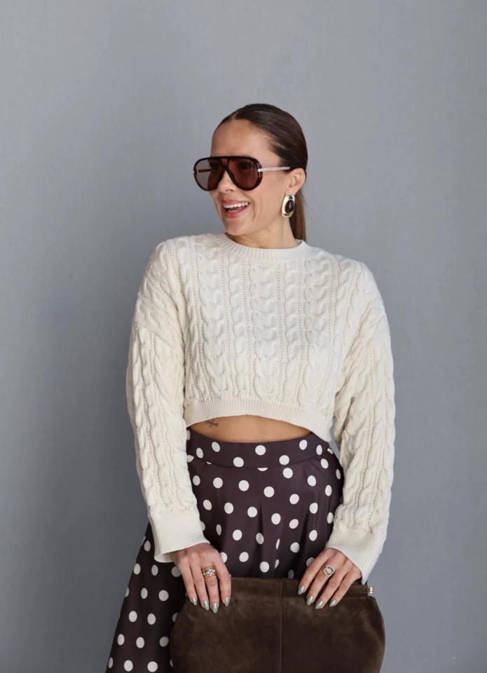 Ekru Örgü Desen Crop Triko