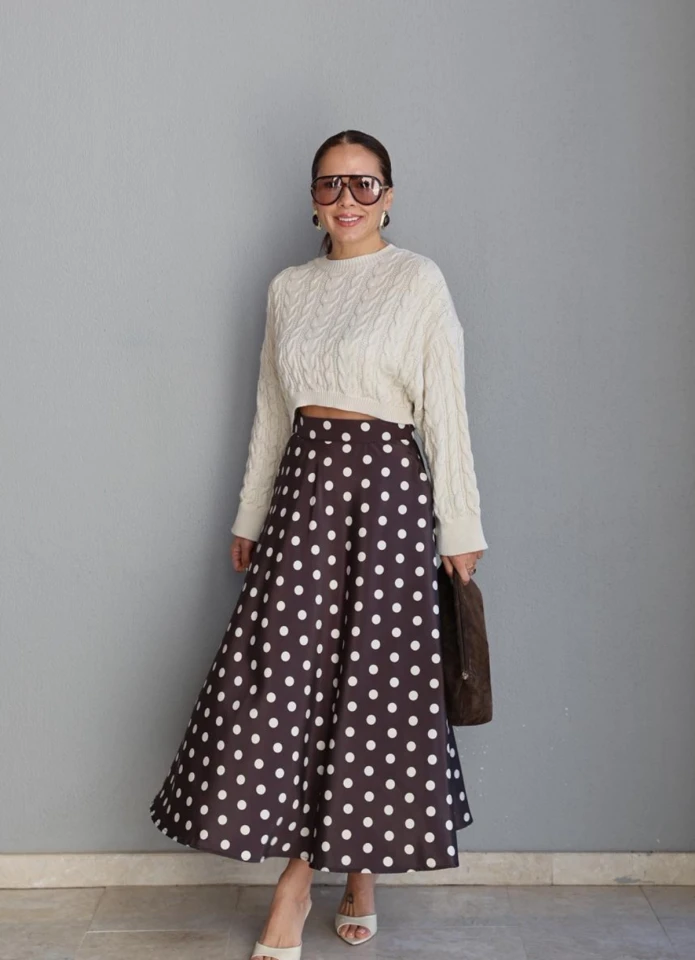 Acı Kahverengi Maxi Puantiyeli Etek
