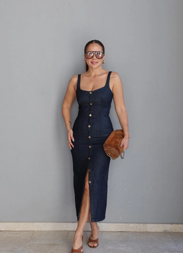 Lacivert Düğme Detay Jean Elbise