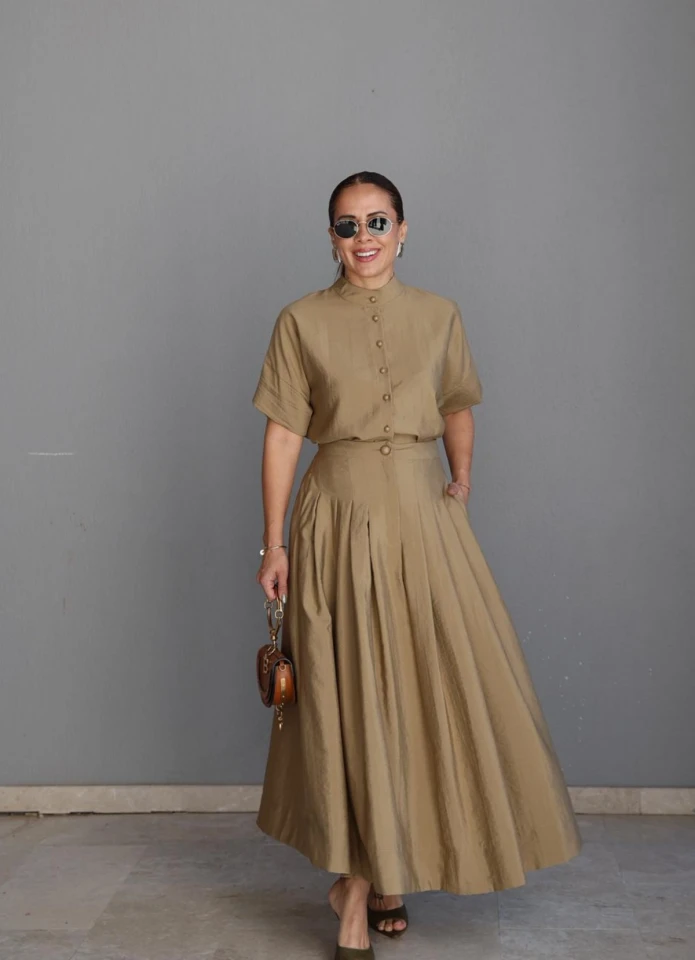 HAKİ Kloş Etek Gömlek Takım