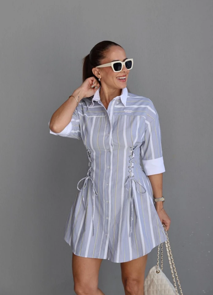 Gri Korsaj Detay Gömlek Elbise