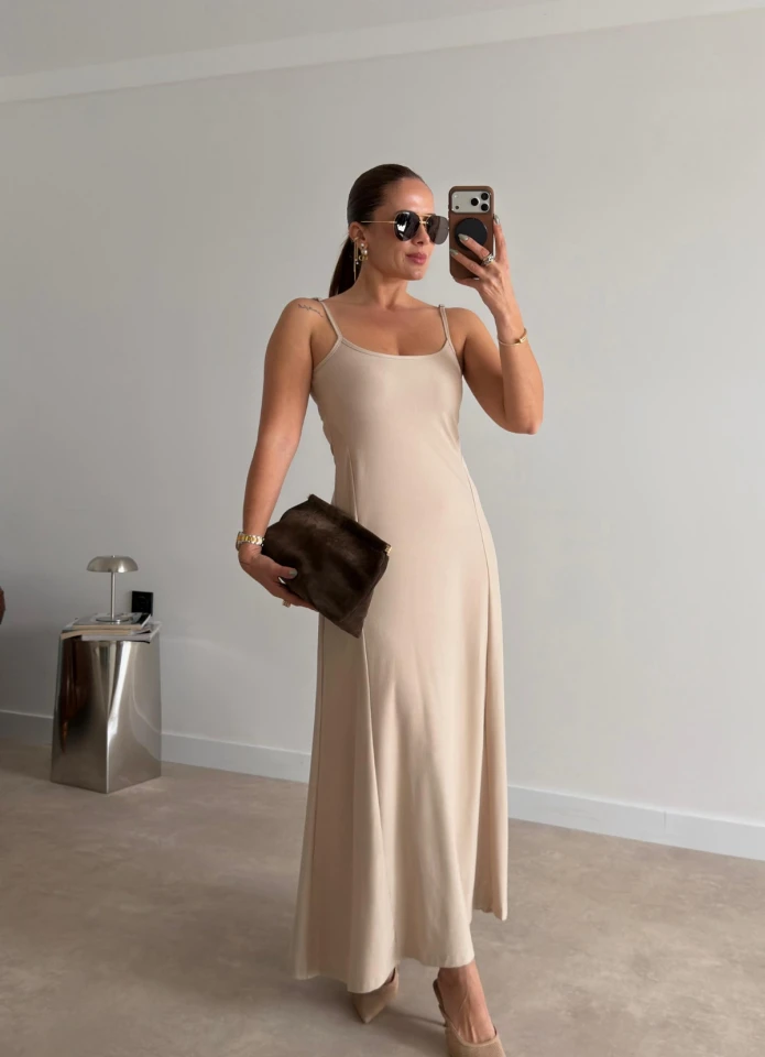 BEJ Askılı Maxi Elbise
