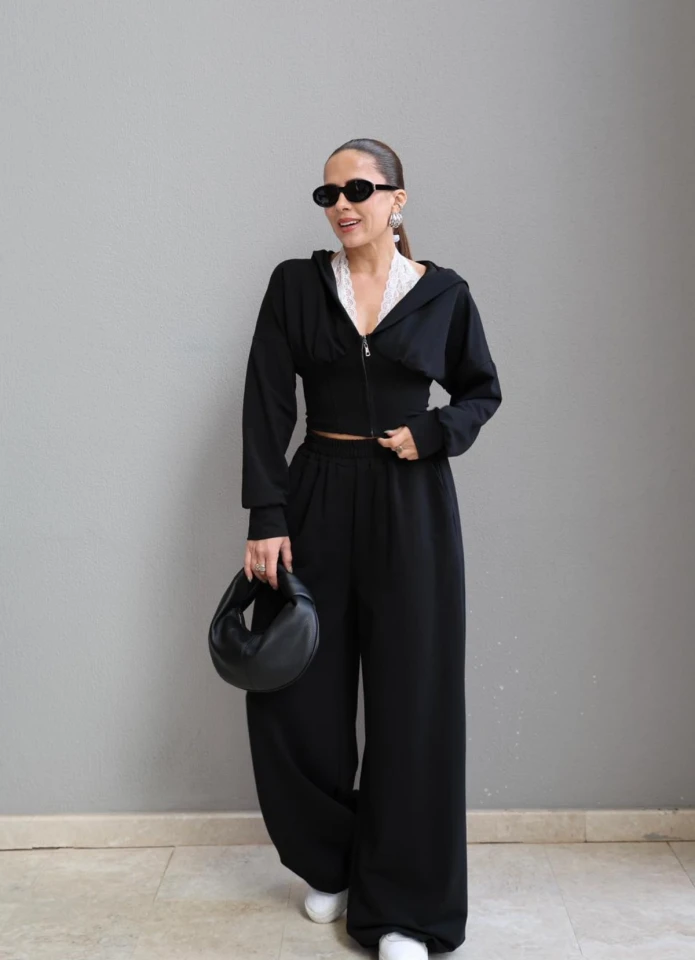 Siyah Dantel Detay Eşofman Takım