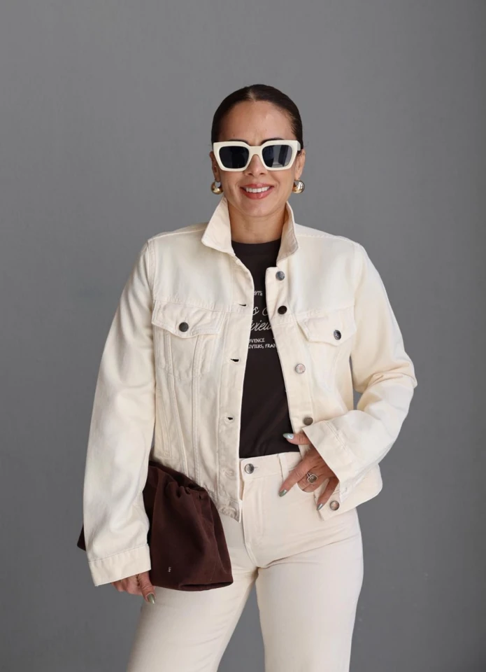 Ekru Dikiş Detay Jean Ceket