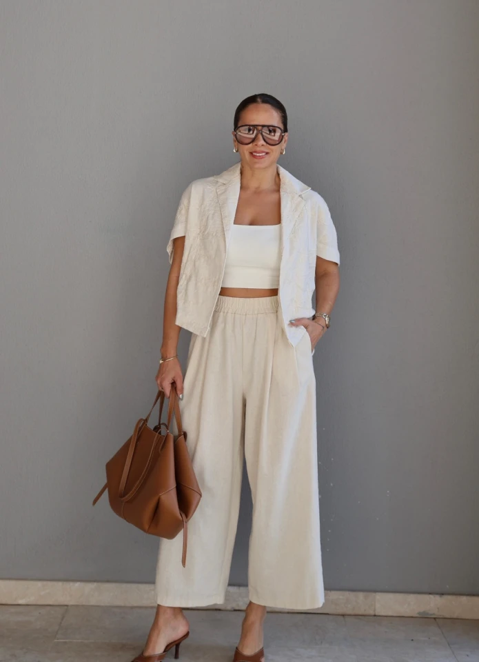 NATURAL Keten Nakışlı Ceket Pantolon Takım