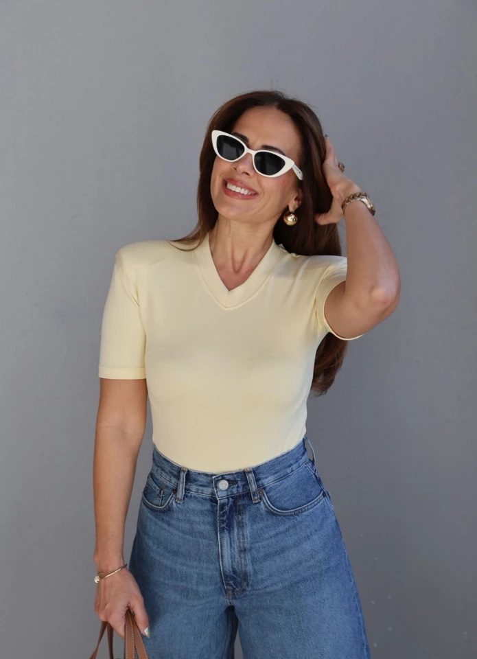 SARI V Yaka Vatkalı Bodysuit