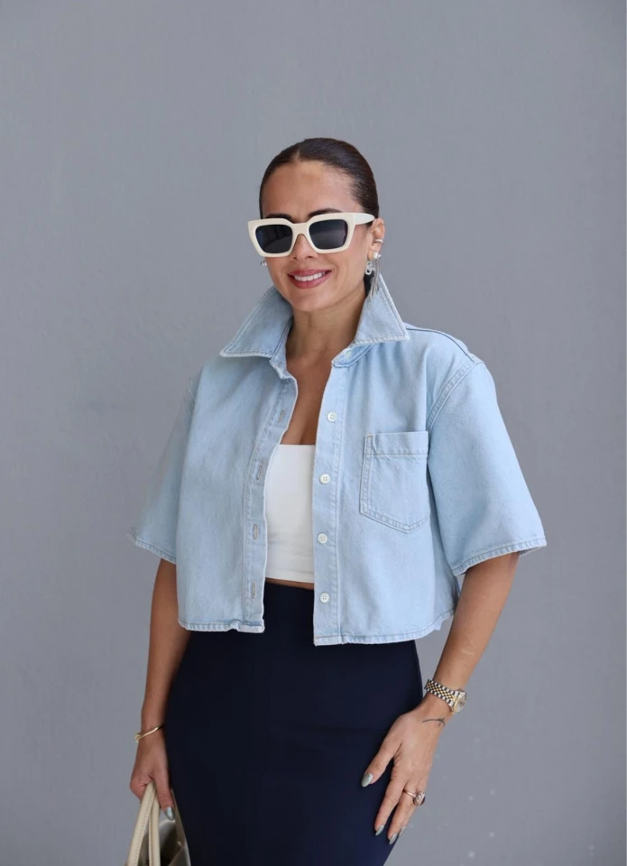 Buz Mavi Jean Crop Gömlek