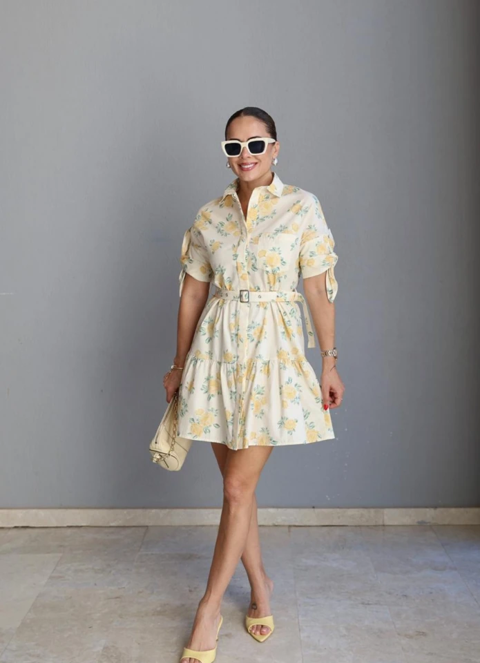 SARI Çiçek Desen Kemerli Elbise