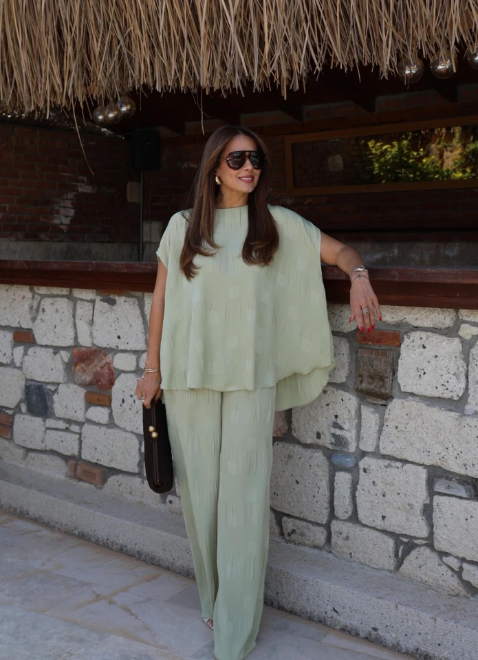 YEŞİL Jakarlı Bluz Pantolon Takım