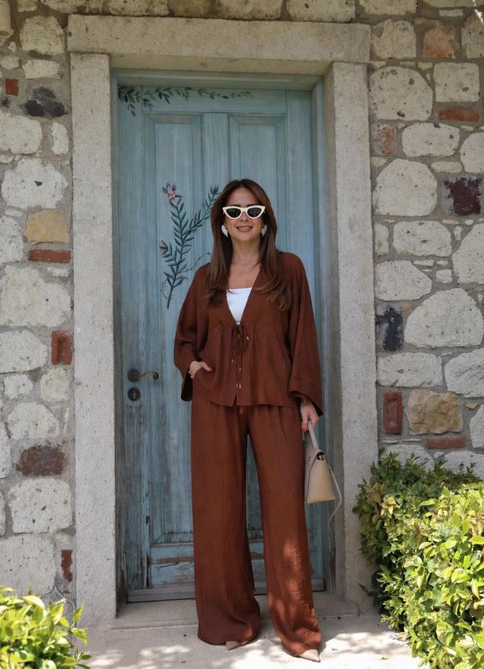 Kahverengi Kimono Pantolon Takım