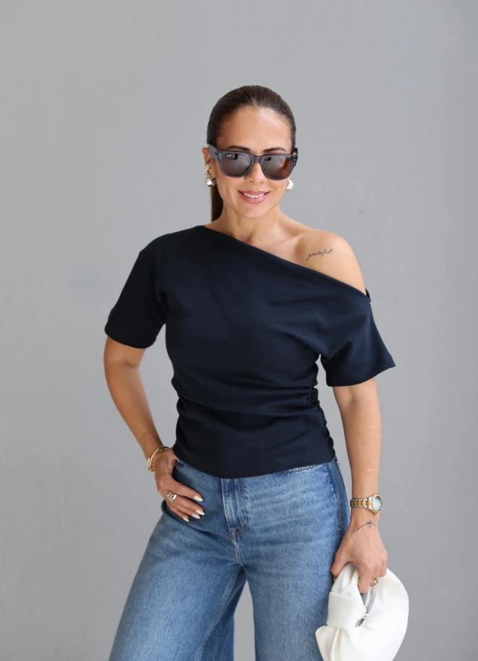 Lacivert Kayık Yaka Büzgülü Bluz