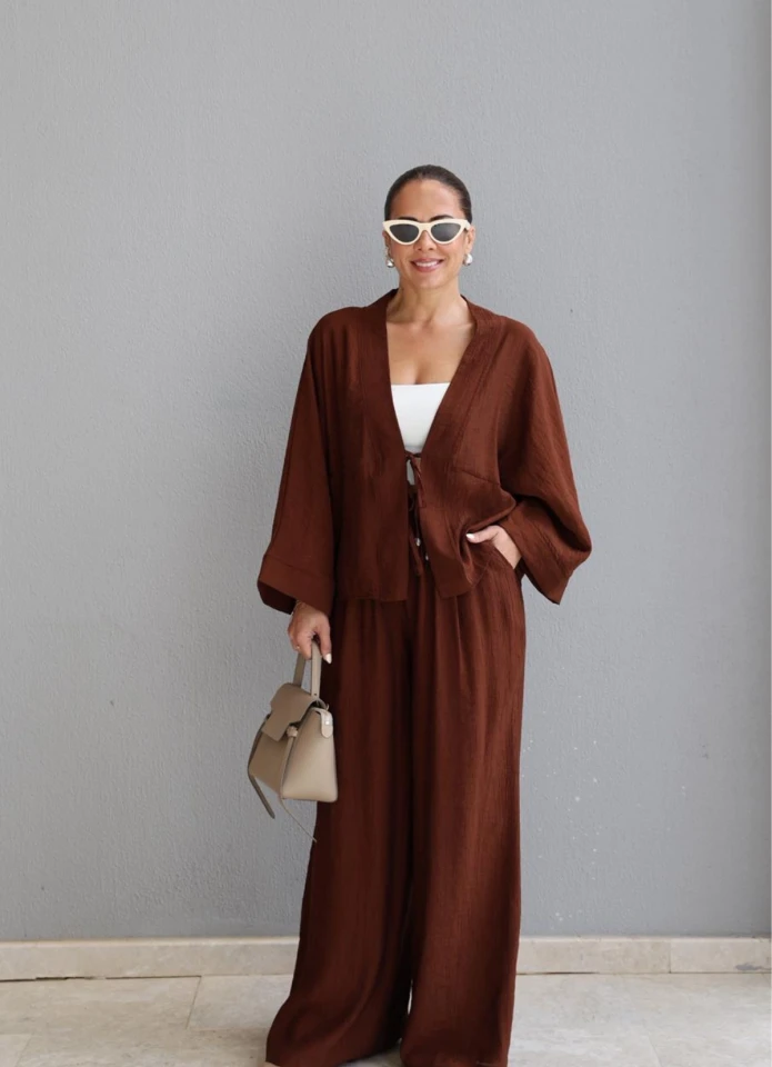 Kahverengi Kimono Pantolon Takım