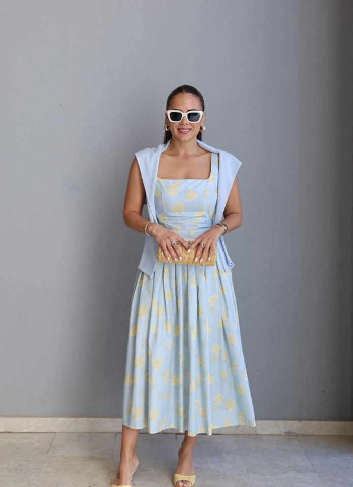 MAVİ Çiçek Desen Midi Boy Elbise