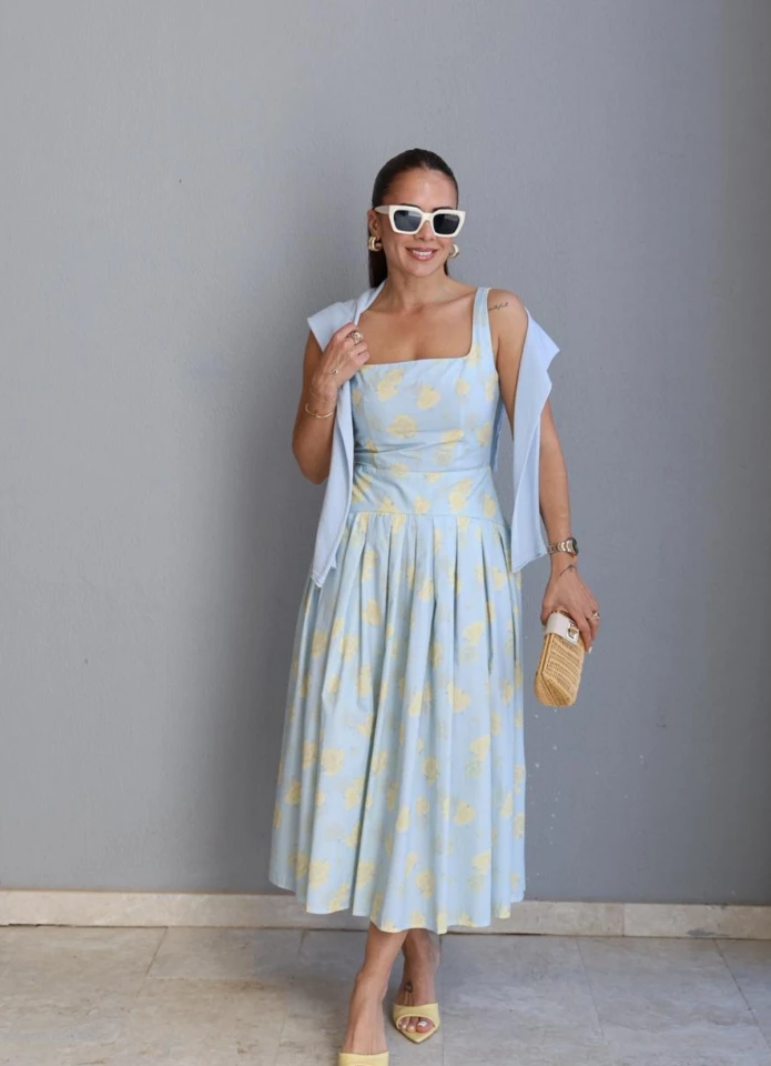 MAVİ Çiçek Desen Midi Boy Elbise