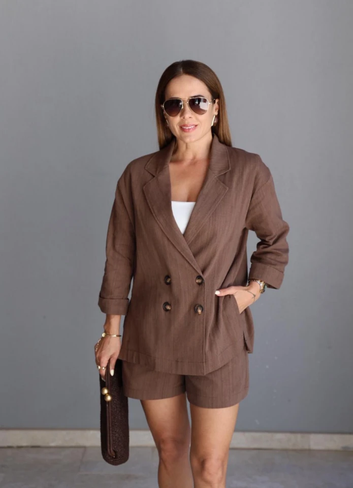 Kahverengi Keten Kemerli Ceket Şort Takım