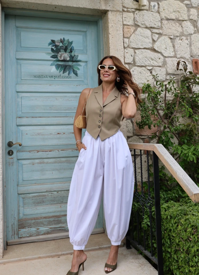 Beyaz Jogger Şalvar Pantolon