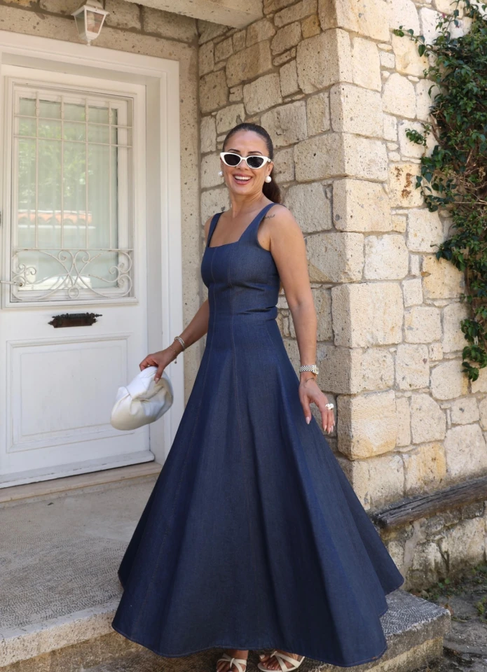 Lacivert Volanlı Maxi Jean Elbise