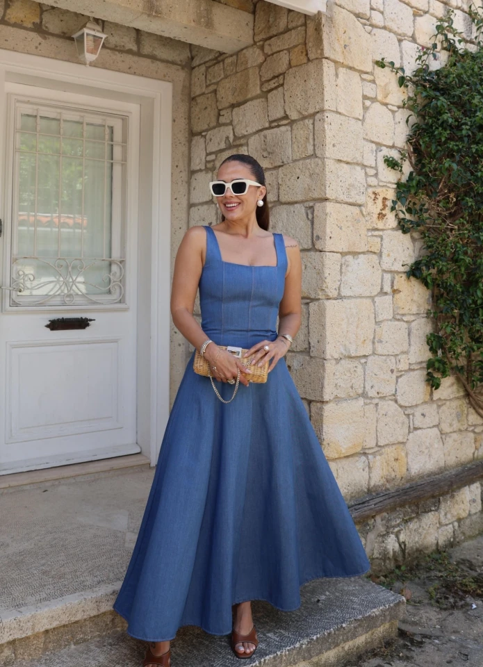 MAVİ Volanlı Maxi Jean Elbise