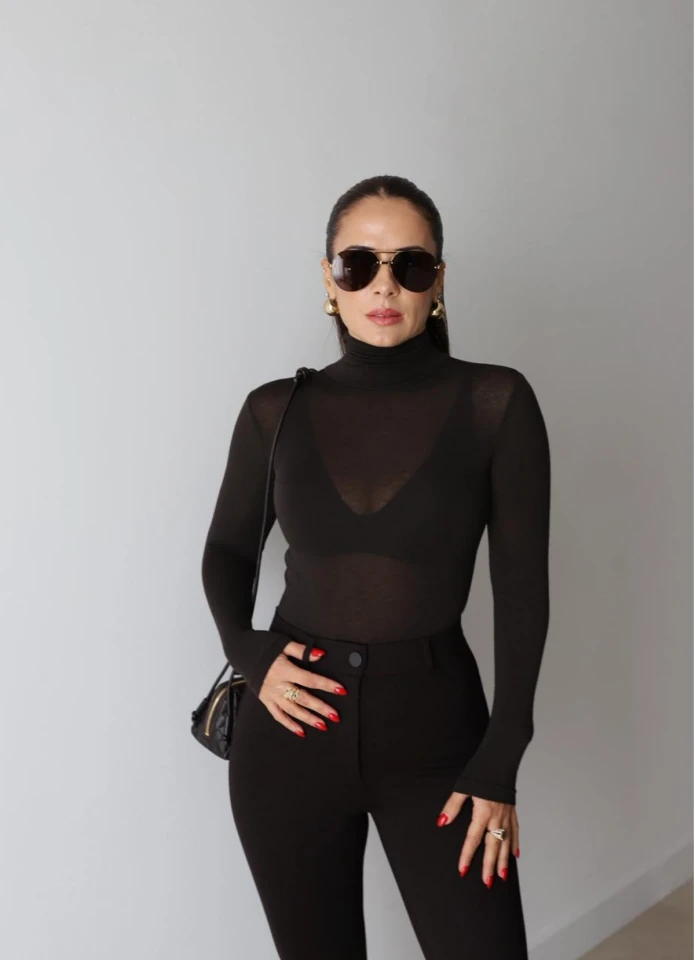 Acı Kahverengi Balıkçı Yaka Transparan Body