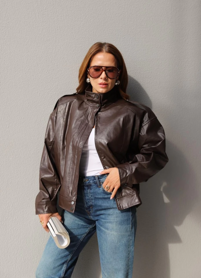 Acı Kahverengi Dik Yaka Suni Deri Ceket