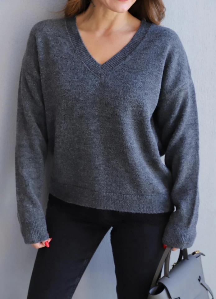 Antrasit V Yaka Dantel Detay Kazak