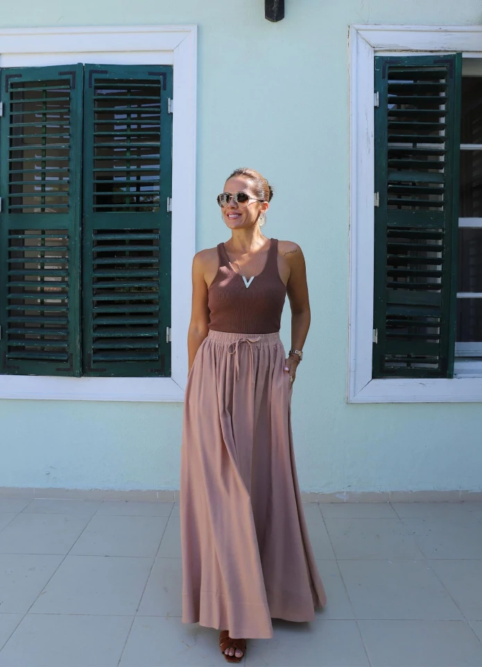 Beige Beli Lastikli Salaş Etek