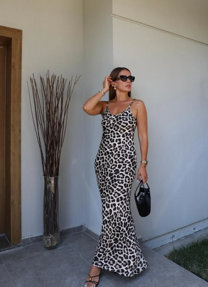 BEJ Askılı Leopar Desen Elbise