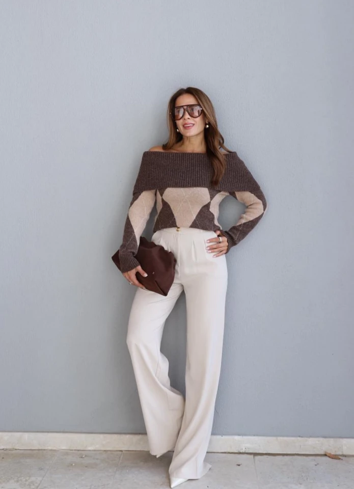 BEJ Gold Düğme Detay Palazzo Pantolon