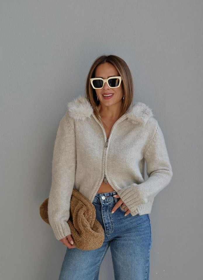 BEJ Kapüşonlu Kürklü Hırka