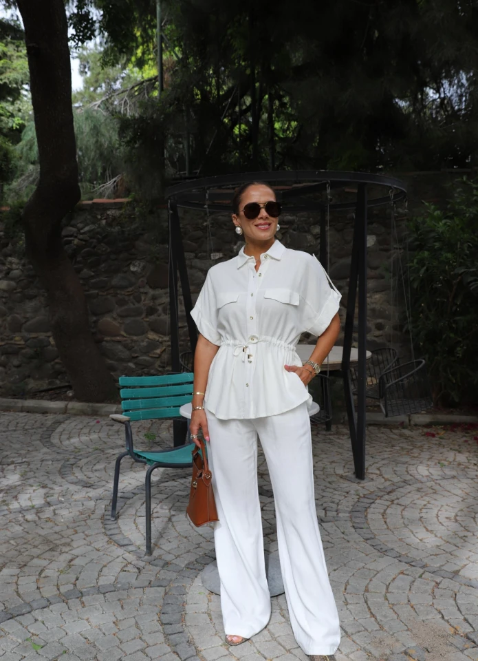 Bel Bağlama Detay Gömlek Pantolon Takım