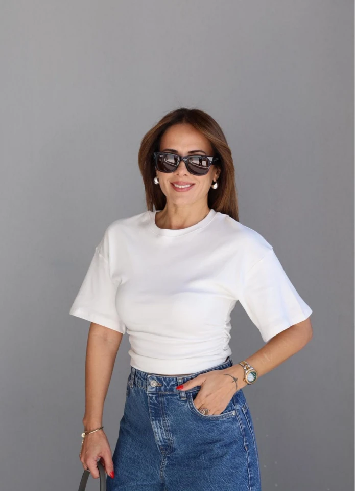 Beyaz Bel Drape Detay Tshirt