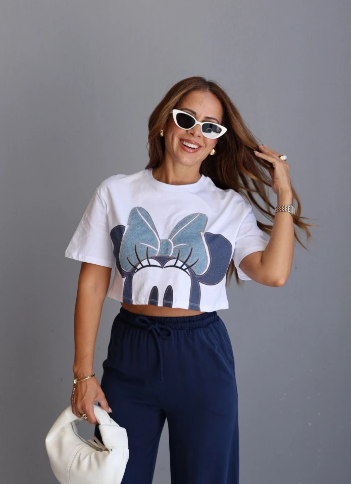 Beyaz Mickey Nakış Detay Crop Tshirt