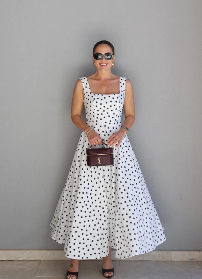 Beyaz Puantiyeli Maxi Elbise